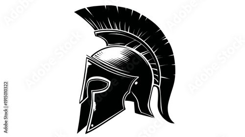 A black and white illustration of a Greek helmet, detailed, with a feathered crest