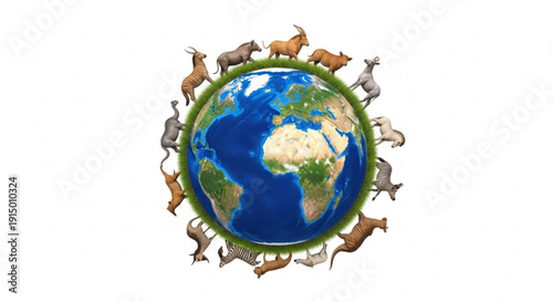 Earth surrounded by diverse animals symbolizing global wildlife and conservation efforts with a focus on unity and environmental protection