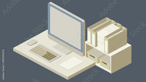 Modern office desk with computer and file organizer on gray background workspace concept