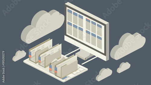 Cloud storage concept with files and folders syncing to computer symbolizing data backup and online security