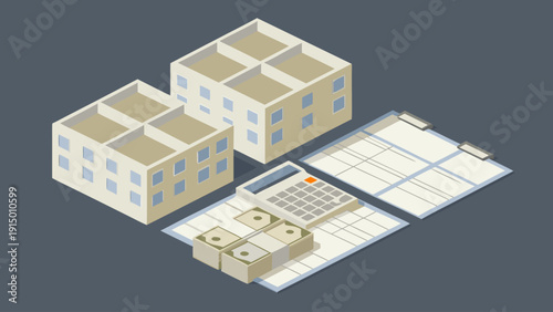 Flat vector illustration of budget planning with buildings and financial documents on a clipboard symbolizing real estate investment and financial management