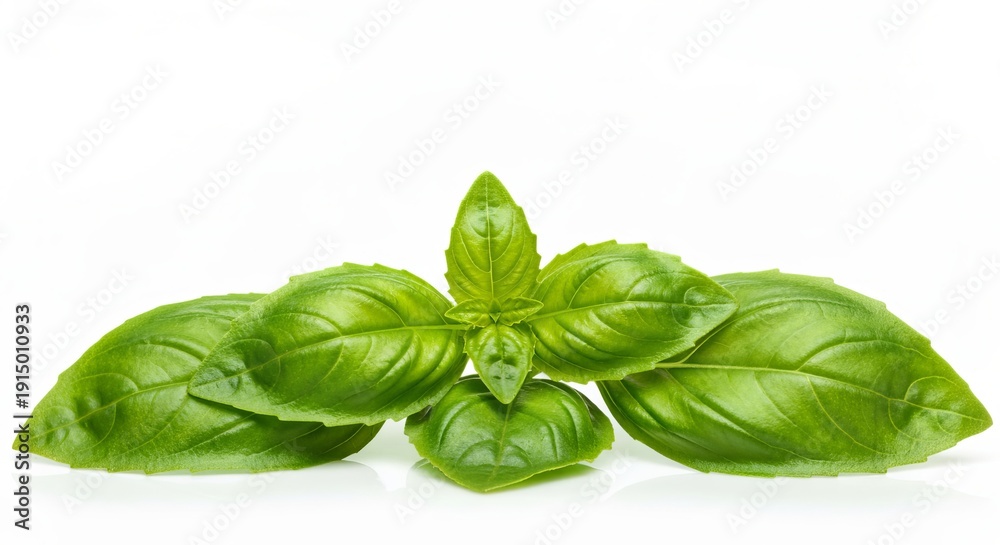 Fototapeta premium Vibrant Isolated Fresh Green Basil Leaves on White Background, Capturing Freshness and Simplicity
