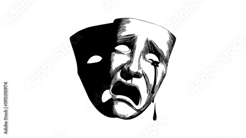 A grayscale depiction of a theatrical mask in a dramatic pose. One side in shadow, the other crying