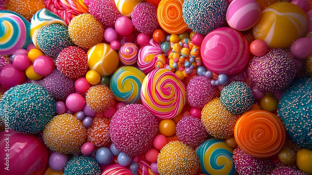 Fototapeta premium Colorful Candy World: A dazzling array of colorful candies in various shapes and sizes fills the frame, creating a visual feast of sweetness and delight. 