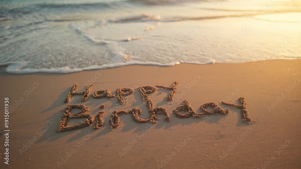 Obraz premium Happy Birthday message written in sand on serene beach at sunset