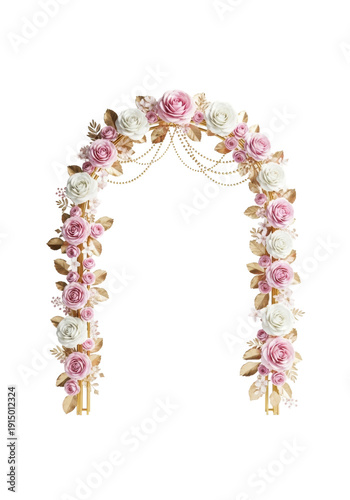 An ornate golden arched frame meticulously decorated with soft pink and white rose and accent floral blossoms, golden leaves, and beads, on a transparent background with copy space, studio lit.