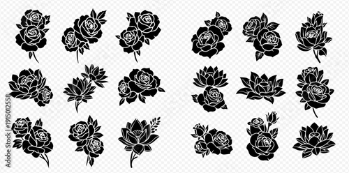 Set of black silhouette floral elements, including roses and lotuses, perfect for design accents and decorative patterns.