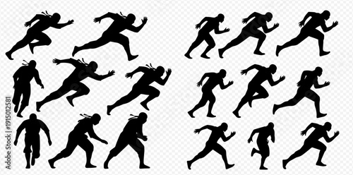 Set of running man silhouettes in various dynamic poses, illustrating movement, speed, and athletic activity.