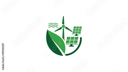 Sustainable Energy Logo with Leaf and Turbines.