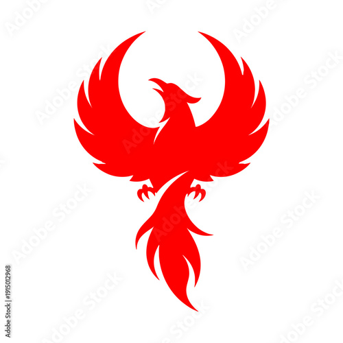 A majestic red phoenix bird in flight on a white background