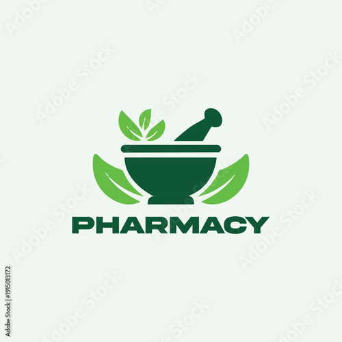 Professional Green Pharmacy Logo with Mortar Pestle and Leaves