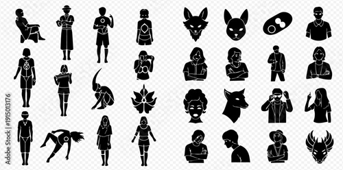 Diverse collection of human figures, animal heads, and abstract shapes in black silhouette icons.