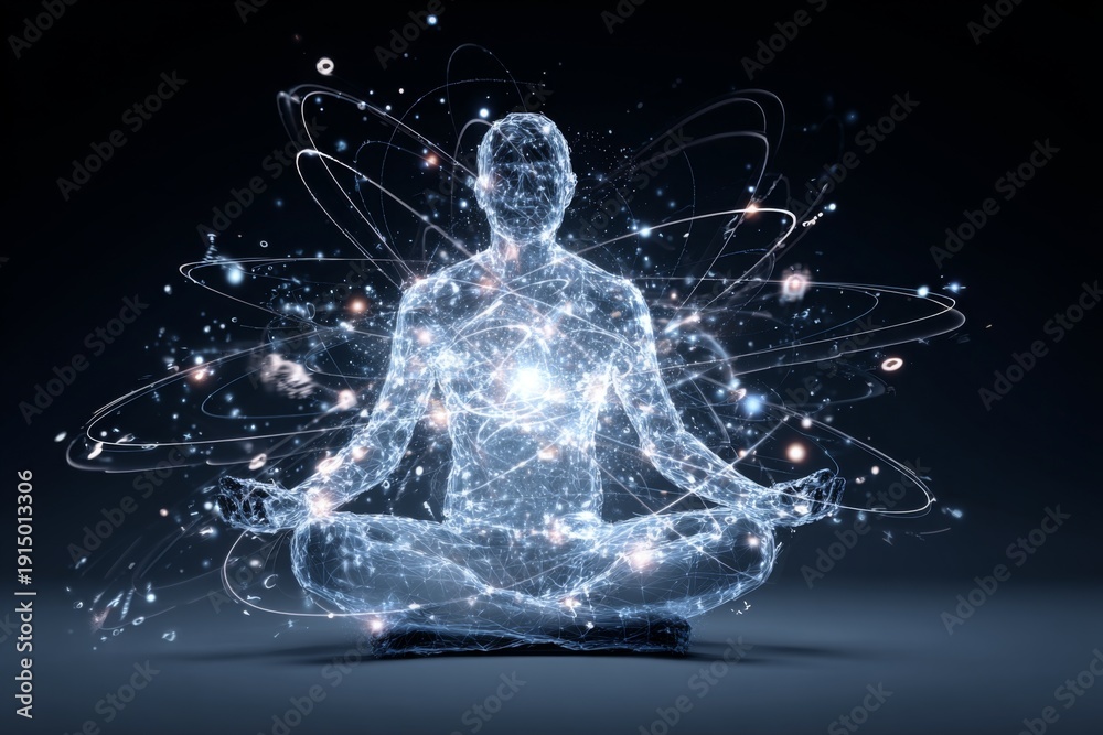 Fototapeta premium A glowing holographic person sits cross legged in a meditation pose surrounded by orbiting light rings.