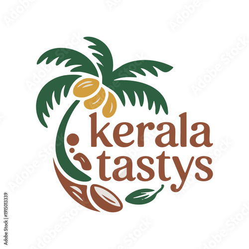 Cuadro en lienzo Logo for Kerala Cuisine Featuring Coconut Tree and Food Elements