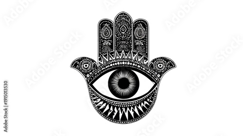 Black and white hand-shaped illustration with a centered eye and ornamental details