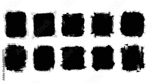 Set of ten black grunge square shapes with distressed edges, resembling brush strokes or ink blots, isolated on a white background.