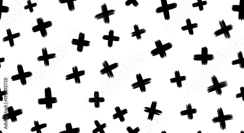 A simple, abstract pattern of scattered black hand-drawn plus signs on a clean white background, creating a minimalist and modern design.