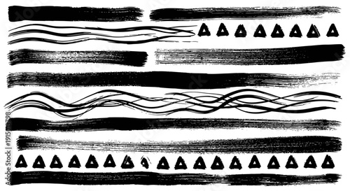 Collection of black hand-painted brush strokes, wavy lines, and triangular patterns on a white background, useful for graphic design elements.
