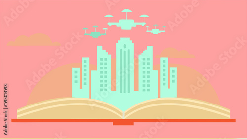 Futuristic city skyline emerges from an open book with drones flying overhead at sunset