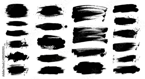 A collection of various black grunge paint brush strokes and ink splatters on a white background, suitable for graphic design elements.