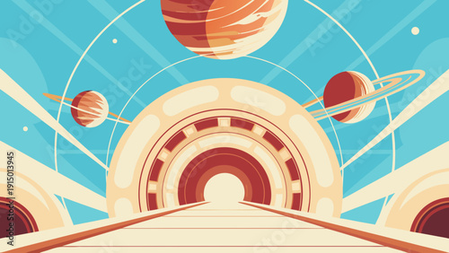 Retro futuristic spa illustration with planets and arches in blue background for wellness and relaxation concepts