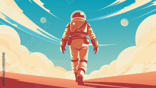 Astronaut walking on a planet with a blue sky and clouds wearing an orange spacesuit and helmet with moons in the background exploring space