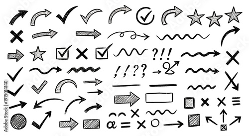 Large collection of hand-drawn doodle arrows, checkmarks, crosses, stars, and various sketch symbols for graphic design projects.