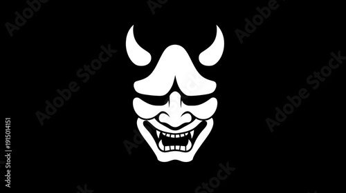A white Oni mask is displayed on a black backdrop. Details include horns, fangs, and facial features