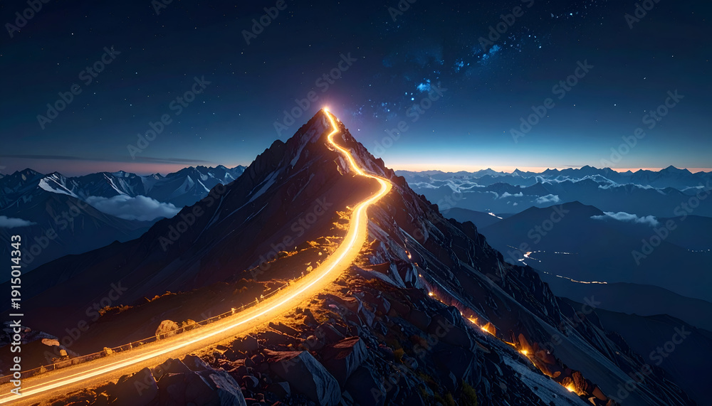 Fototapeta premium Virtual data terrain with illuminated route to summit, symbolizing vision, perseverance, and technological advancement.