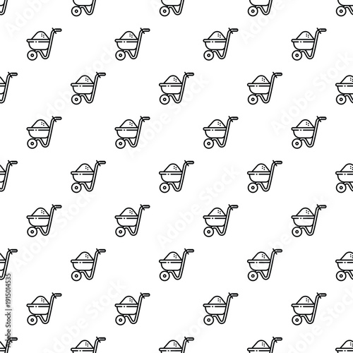 Outline wheelbarrow carrying sand appearing in a seamless pattern design