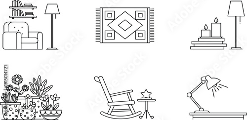 Collection of Minimalist Home Decor Line Art Icons Featuring Cozy Furniture Rugs Potted Plants Candles Lamps and Rocking Chair for Interior DesignCollection of Minimalist Home 