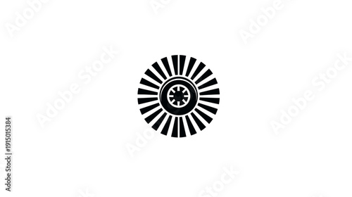 A stark graphic featuring a black radial design resembling a mechanical component or emblem