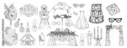 Wedding ink elements collection. Hand drawn marriage icons. Wedding table, arch, cake, champagne. Vector wedding illustrations for invitations, greeting cards.