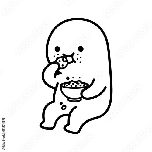 A minimalist black and white line art illustration of a cute round doodle character greedily eating from a bowl. Perfect for digital stickers, emojis, and social media graphics.