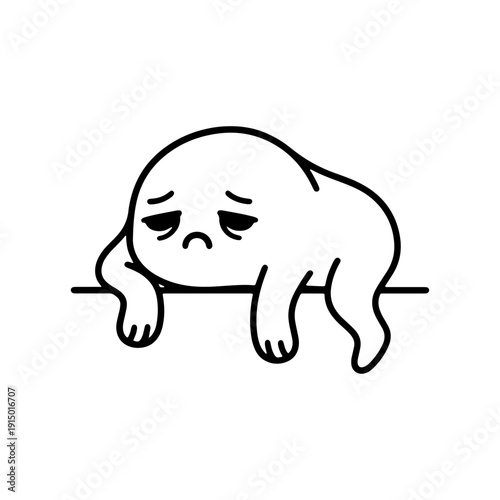 Minimalist black and white line art illustration of a slumped cartoon character expressing laziness, boredom, or exhaustion. Ideal for stickers, social media emojis, and expressive graphics.