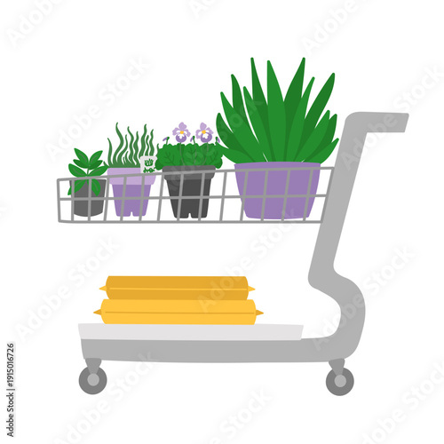 Garden shopping in supermarket cart in flat cartoon design. Pansy flower and plants in pots, soil mix packages at trolley. Gardening and horticulture items in market or store. Vector illustration