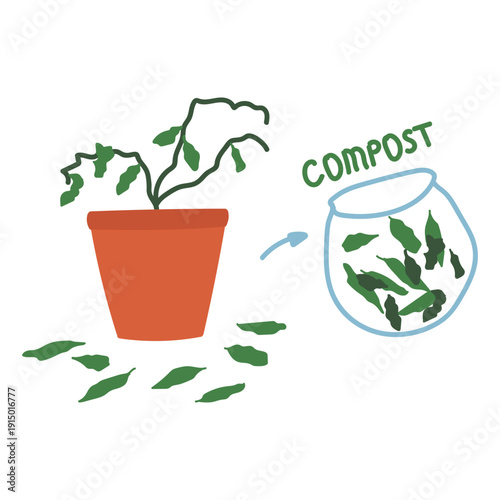 Dead plant in pot with dry leaves collecting for composting in flat cartoon design.