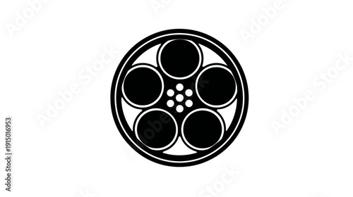 Black and white illustration of a circular object with five outer circles and inner circles