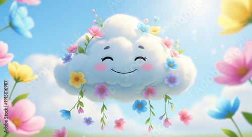 Smiling Cloud with Flowers in Blue Sky during Sunny Day