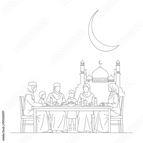 Vector line art illustration of a Muslim family breaking fast during Iftar, seated at a table with a mosque and crescent moon in the background, isolated on white.