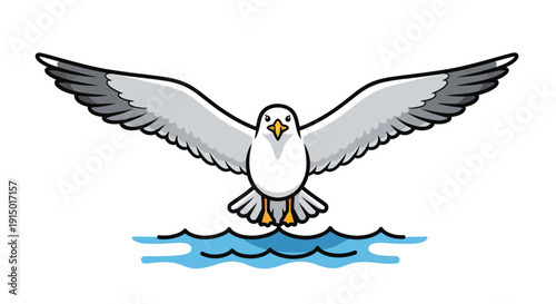 Seagull Flying Over Blue Waves Vector Illustration