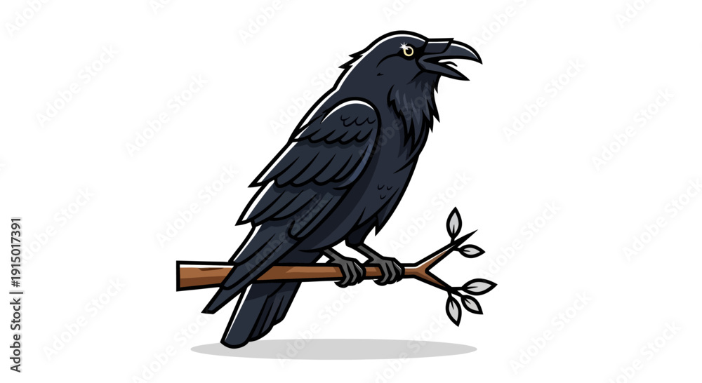 Fototapeta premium Illustrative Black Raven Perched on a Twig Symbol of Mystery and Intelligence