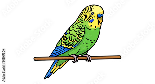 Adorable Green Budgie Bird Perched on a Wooden Branch Cute Pet Parrot Illustration