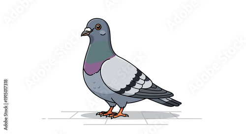 Cartoon Pigeon Standing on Pavement Isolated on White Background