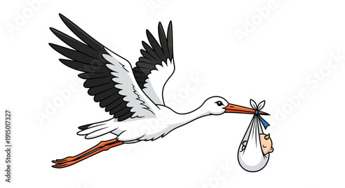Cartoon Stork Delivering Newborn Baby in Bundle with Blue Ribbon Flying Isolated on White Background Symbol of New Life and Family