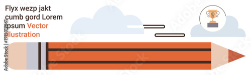 Creativity, writing, education, achievement, goal setting, design process. A pencil with clouds and a trophy icon in the background. Creativity and achievement