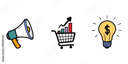 A set of colorful business icons for marketing and finance