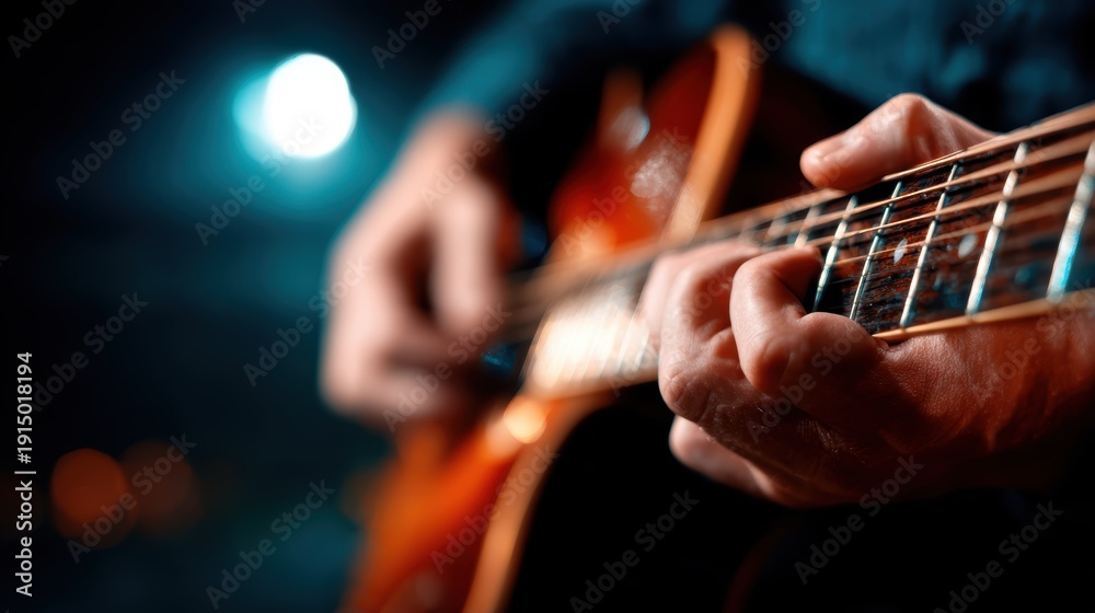 Obraz premium A vibrant close-up of hands strumming a guitar, capturing the emotional connection and energy of music creation, ideal for themes of passion, artistry, and musical expression.