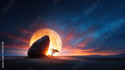 A stunning landscape captures a large boulder silhouetted against a vibrant sunset and a looming full moon, embodying nature's magnificence and serenity beneath the sky.