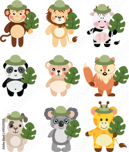 Cute Safari Animals Wearing Green Hats and Holding Monstera Leaves